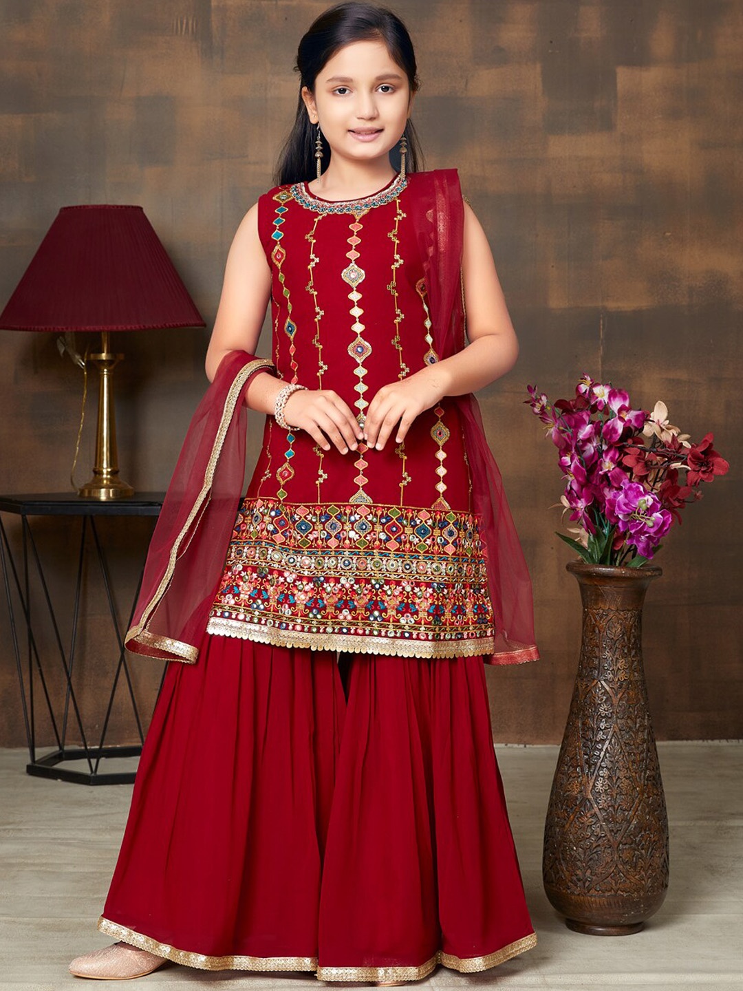 

BAESD Girls Ethnic Motifs Embroidered Thread Work Georgette Kurta With Sharara & Dupatta, Maroon