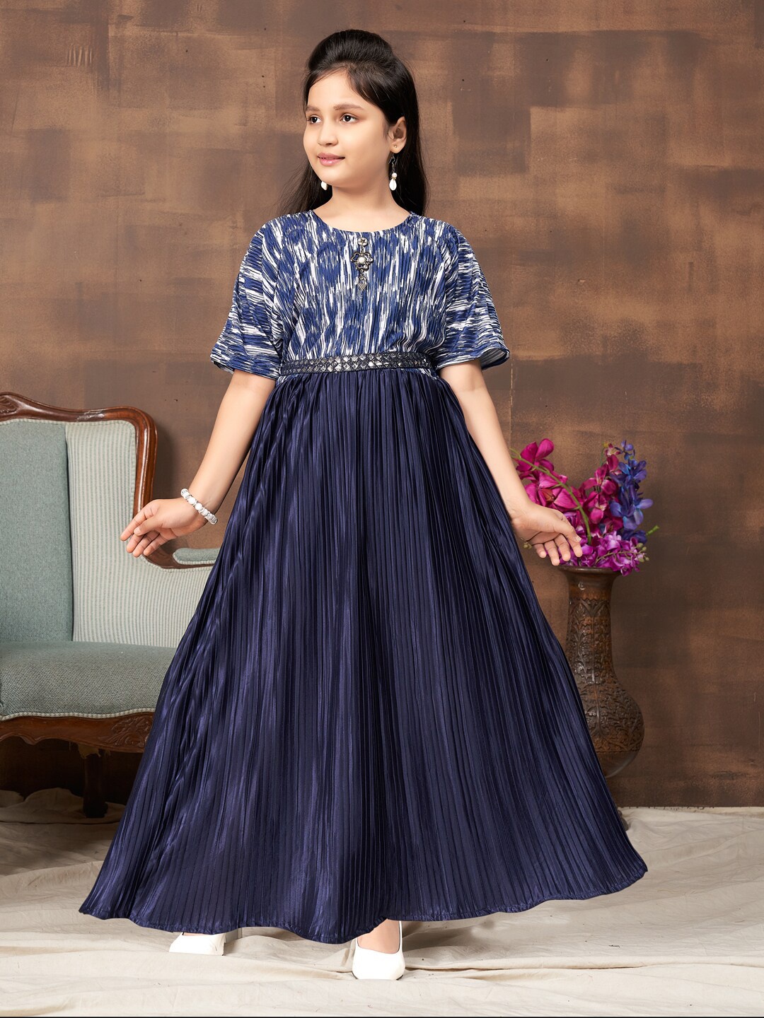 

BAESD Girls Abstract Printed Net Maxi Dress With Belt, Navy blue