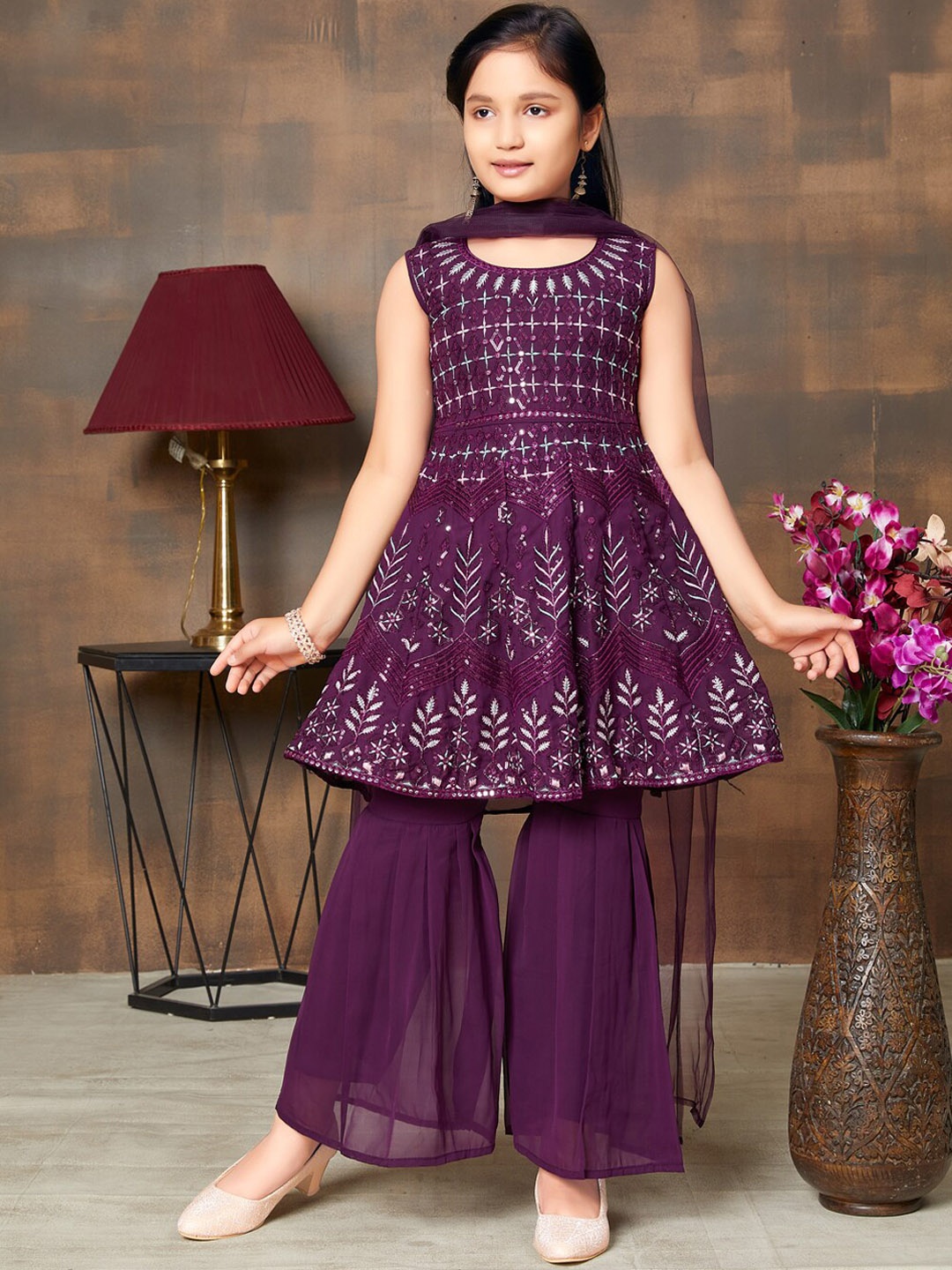 

BAESD Girls Ethnic Motifs Embroidered Mirror Work Kurta With Sharara & Dupatta, Purple