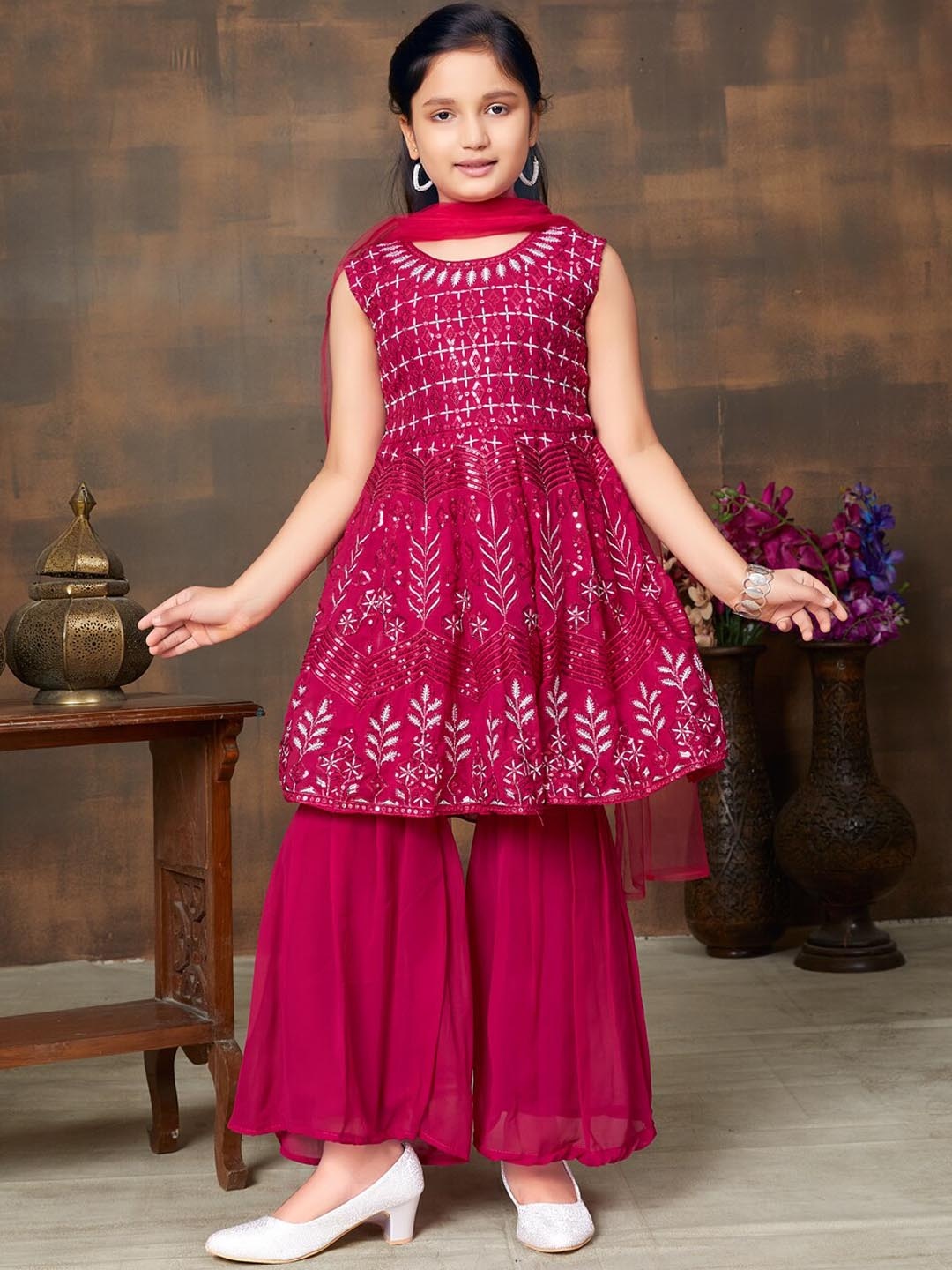 

BAESD Girls Ethnic Motifs Embroidered Sequinned A-Line Kurta & Sharara With Dupatta, Pink