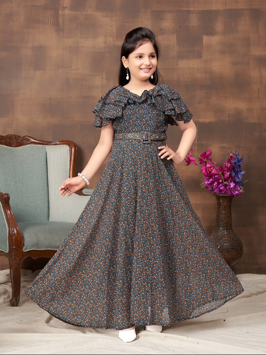 

BAESD Girls Floral Printed Flutter Sleeves Georgette Maxi Dress, Green