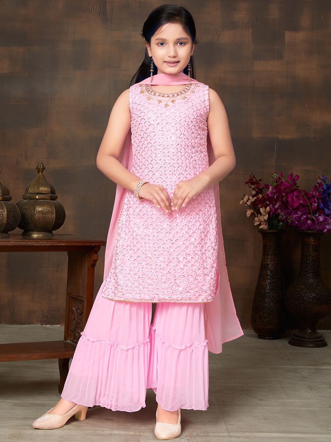 

BAESD Girls Embellished Regular Sequinned Georgette Kurti With Sharara & Dupatta, Pink