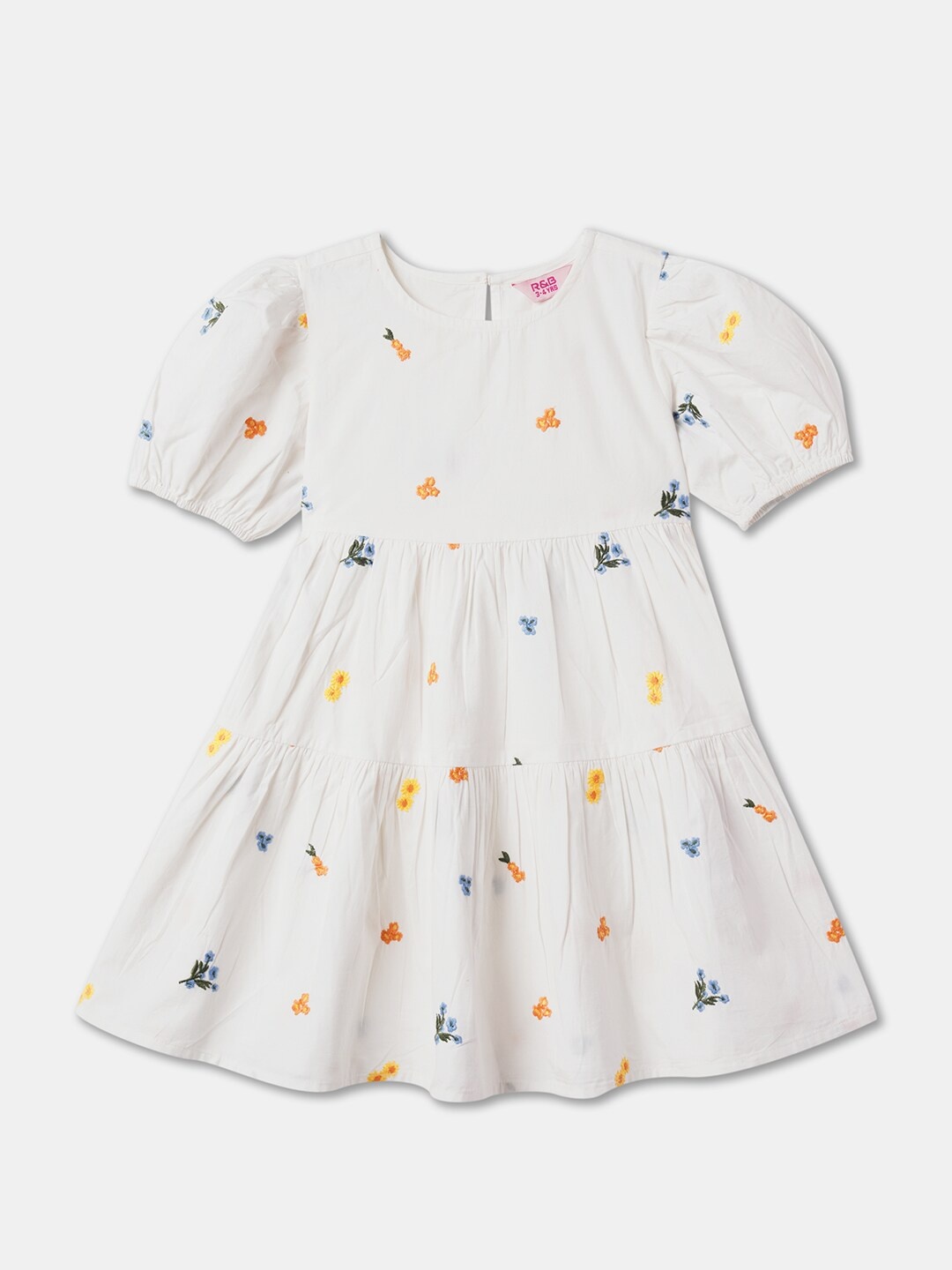 

R&B Girls Printed Puff Sleeves Cotton Fit & Flare Dress, White