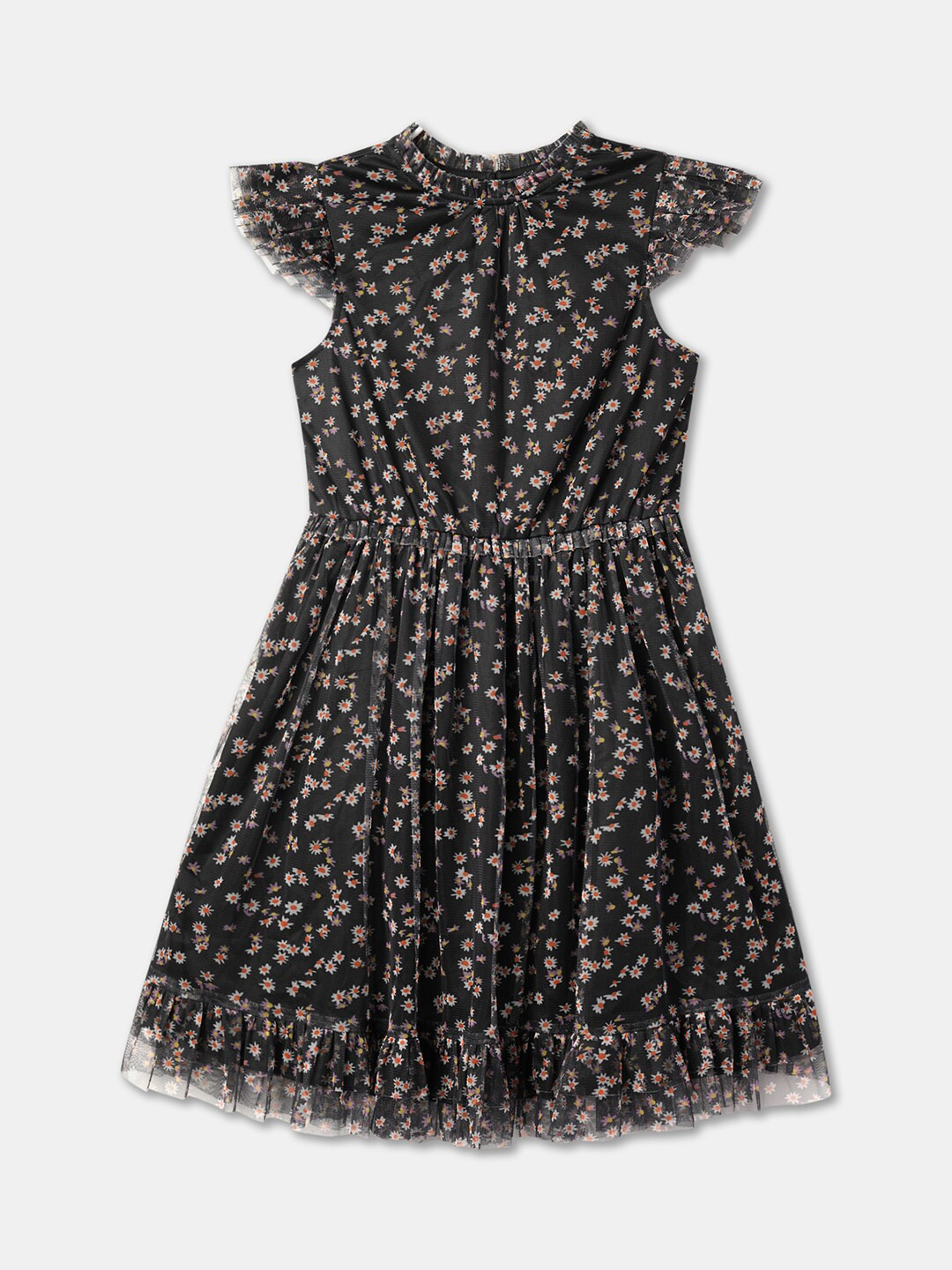 

R&B Girls Floral Print Round Neck Short Flutter Sleeves Fit & Flare Dress, Black