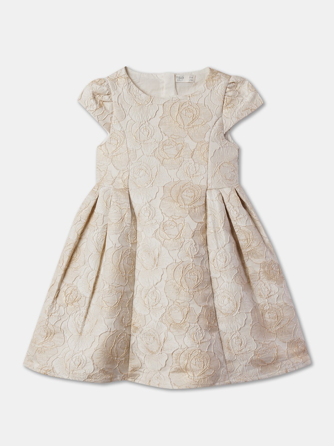 

R&B Girls Floral Self Design Round Neck Short Cap Sleeves Fit & Flare Dress, White