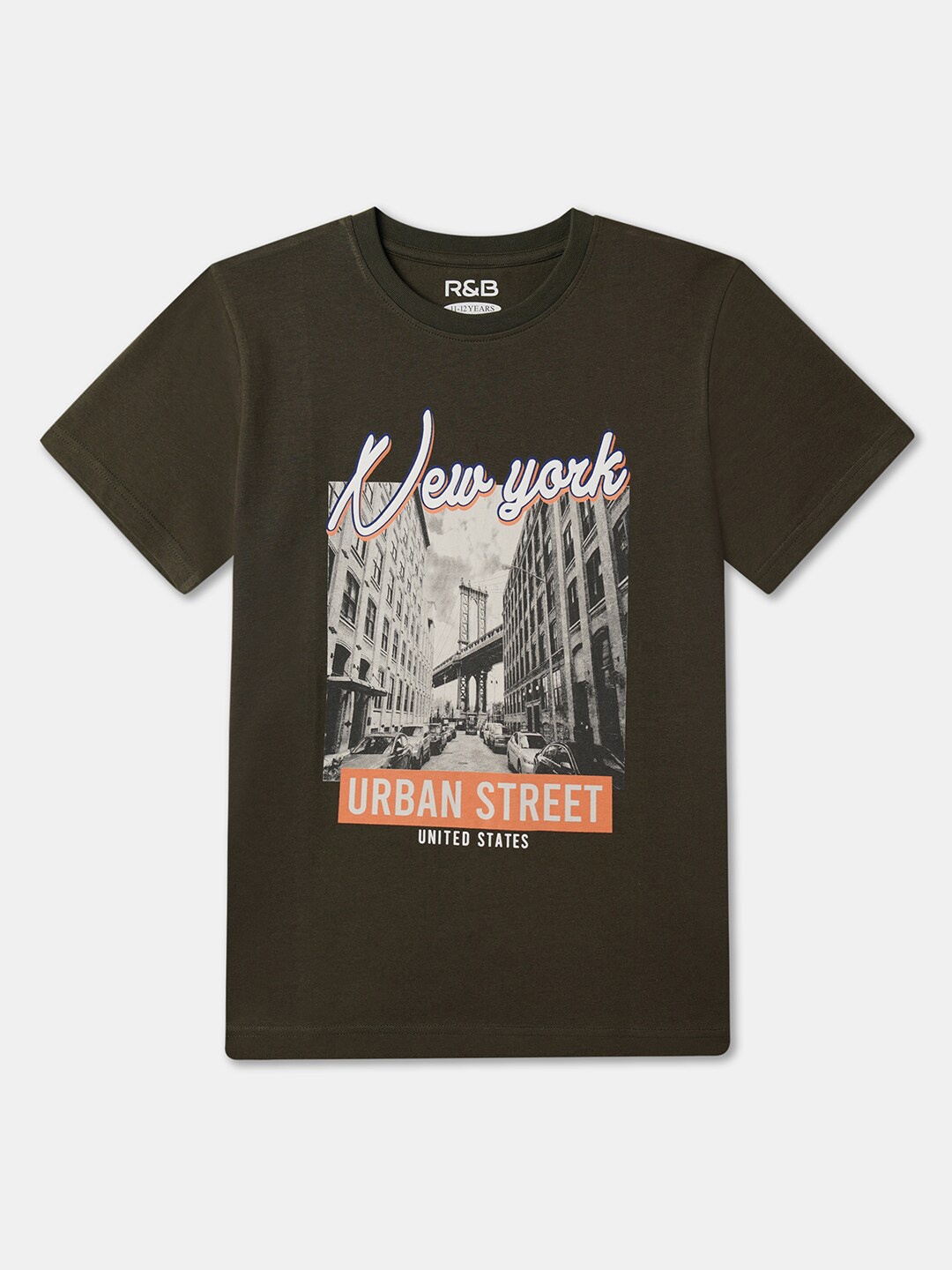 

R&B Boys Graphic Printed Cotton T-shirt, Olive