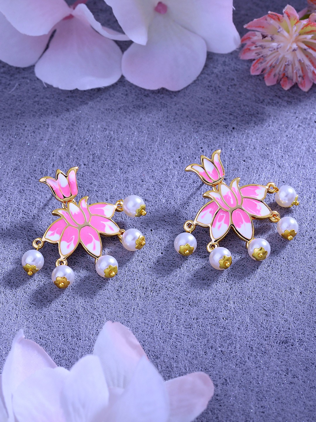 

Estele Women Floral Gold-Plated Pearl Studded Drop Earrings, Pink