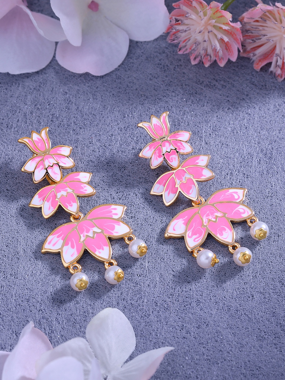 

Estele Women Gold-Plated Pearl Studded Floral Drop Earrings, Pink
