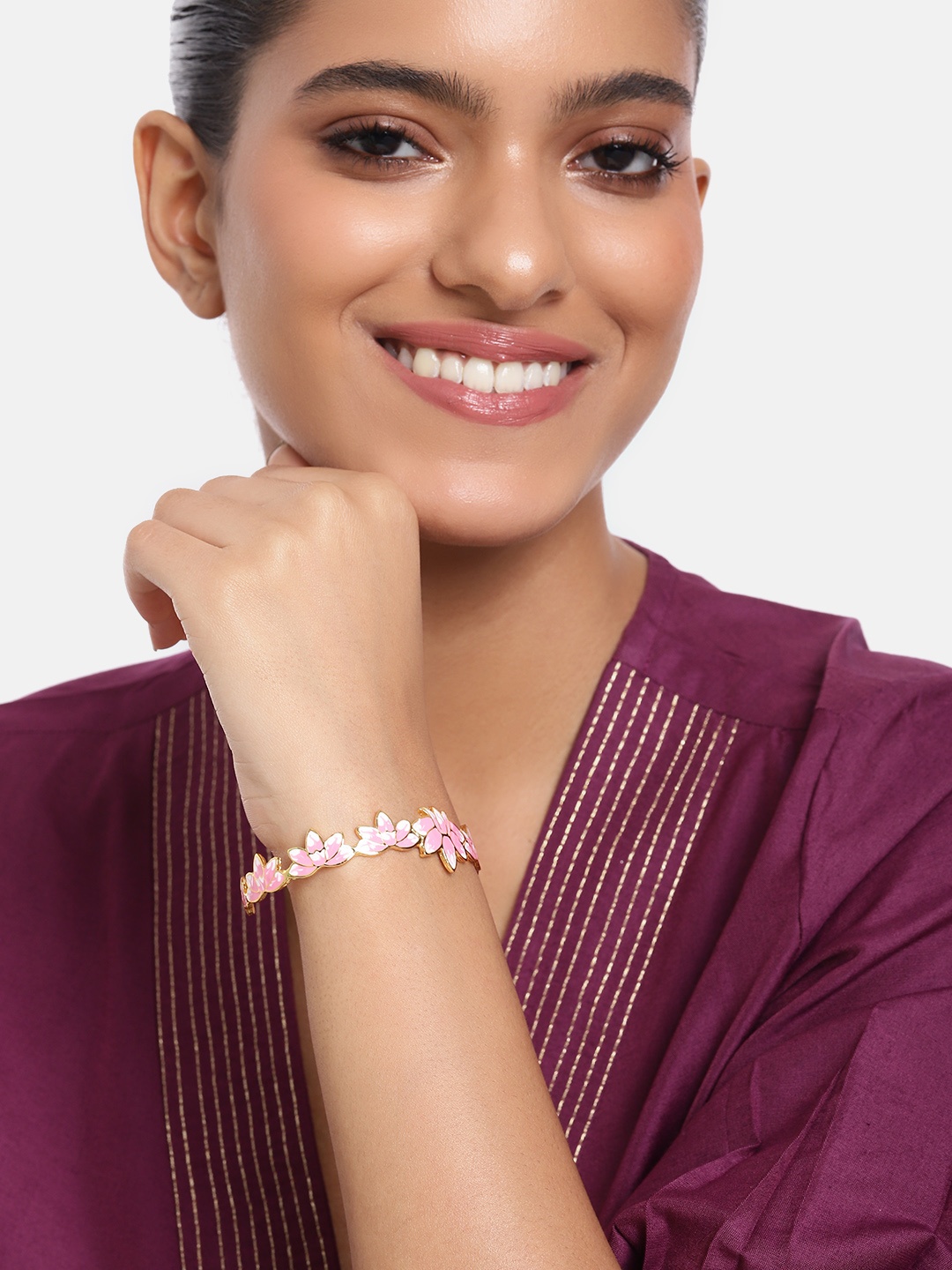 

Estele Women Brass Enamelled Gold-Plated Cuff Bracelet, Pink