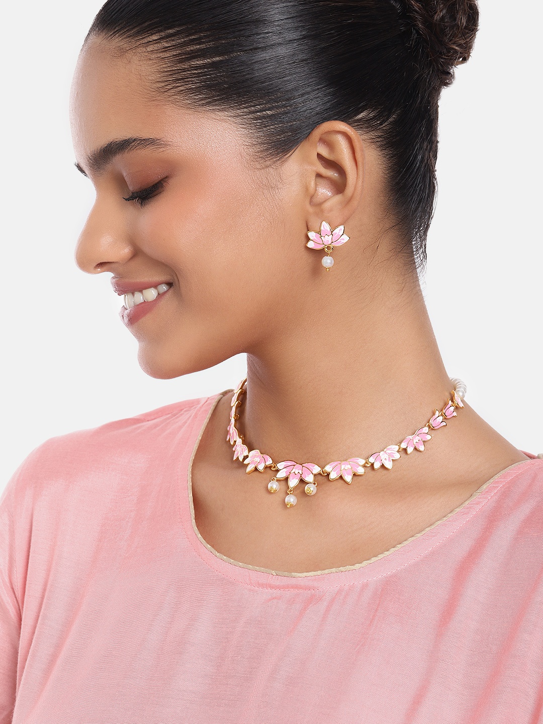 

Estele Women Gold-Plated Pearl Studded Floral Necklace with Earrings, Pink