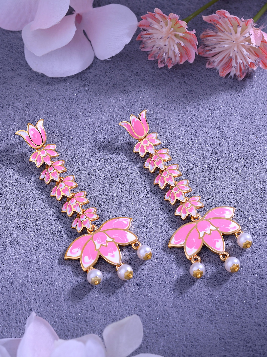 Estele Gold-Plated Floral Enamelled Pearls Drop Earrings, Pink