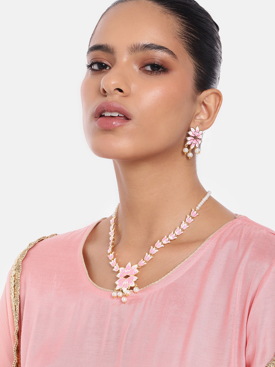 Estele Women Gold-Plated Pearl Studded Floral Necklace with Earrings, Pink