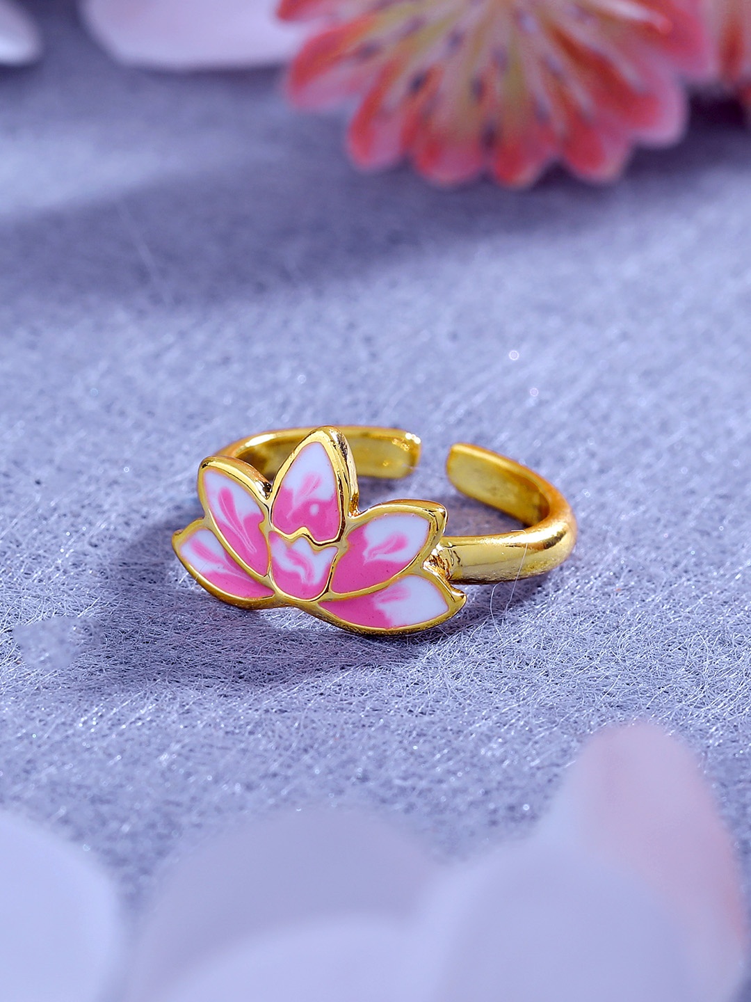 

Estele Women Gold-Plated Enamelled Floral Design Adjustable Finger Ring, Pink