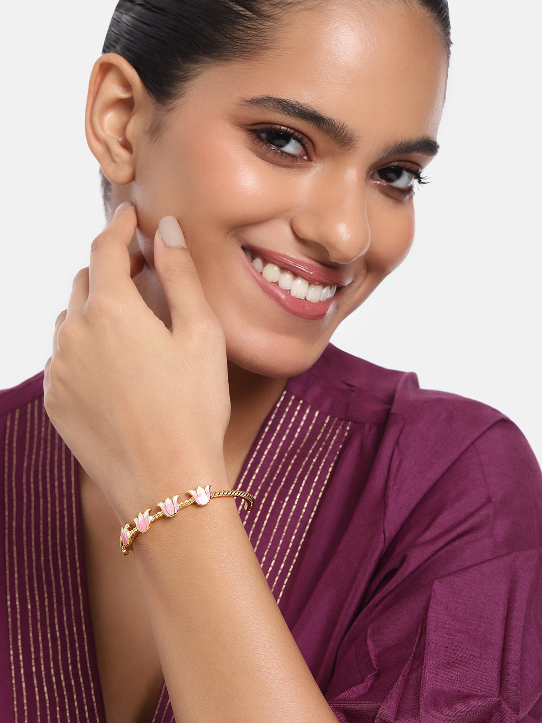 

Estele Women Brass Enamelled Gold-Plated Cuff Bracelet, Pink