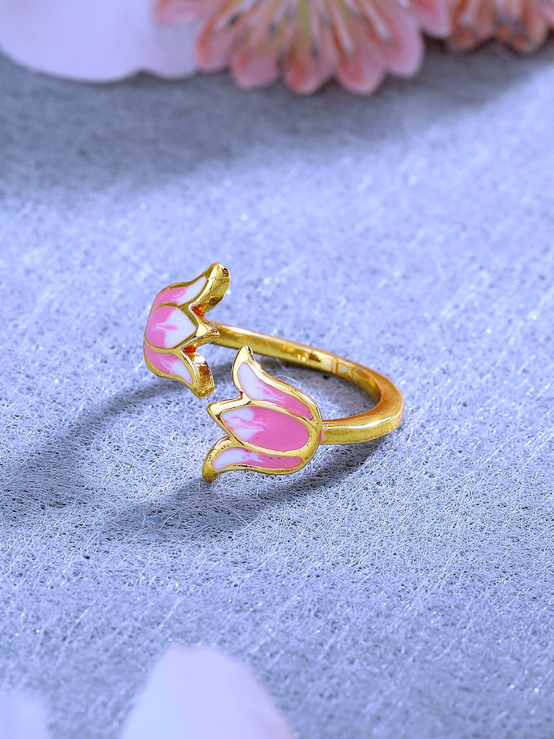 

Estele Women Gold-Plated Enamelled Floral Design Adjustable Finger Ring, Pink