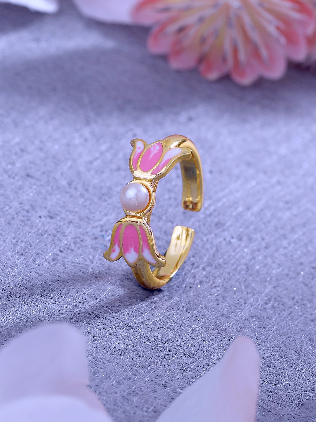 

Estele Women Gold-Plated Enamelled Floral Design Adjustable Finger Ring, Pink