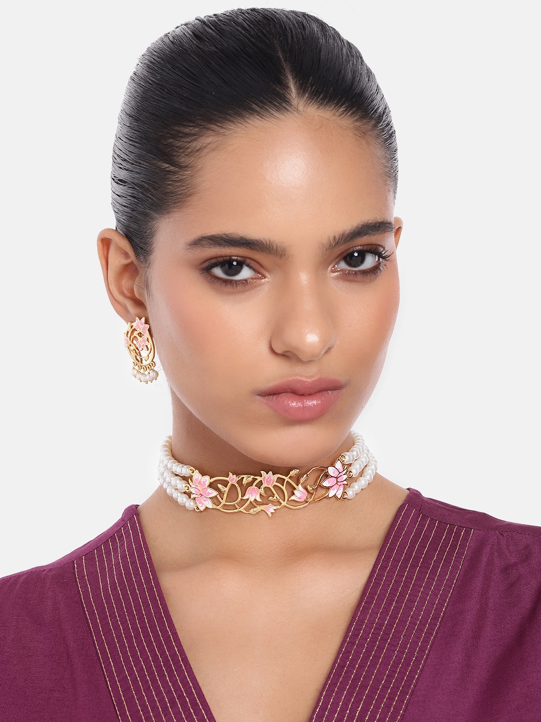 Estele Women Gold-Plated Pearl Studded Floral Necklace with Earrings, Pink