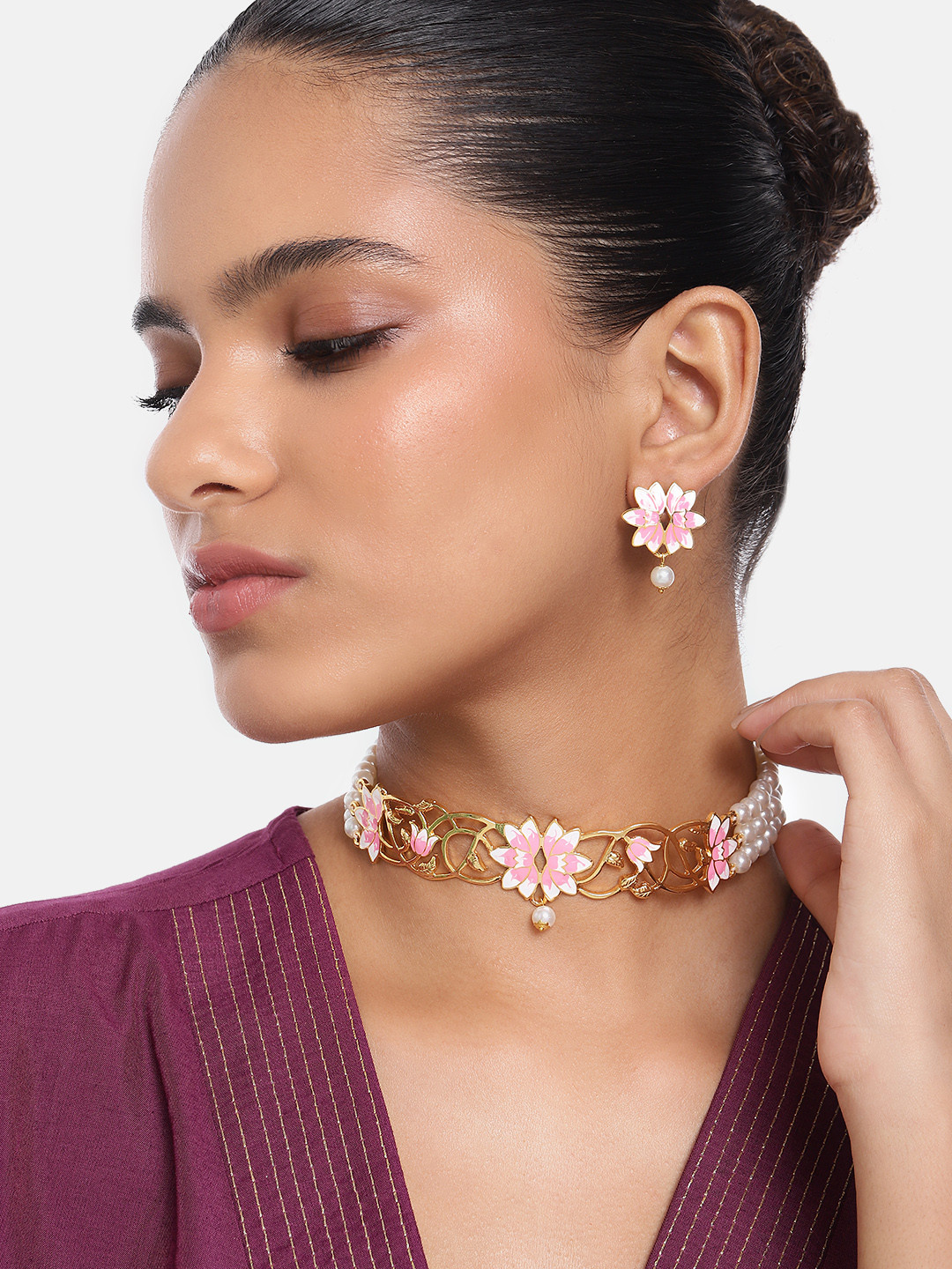 

Estele Women Gold-Plated Pearl Studded Floral Necklace with Earrings, Pink