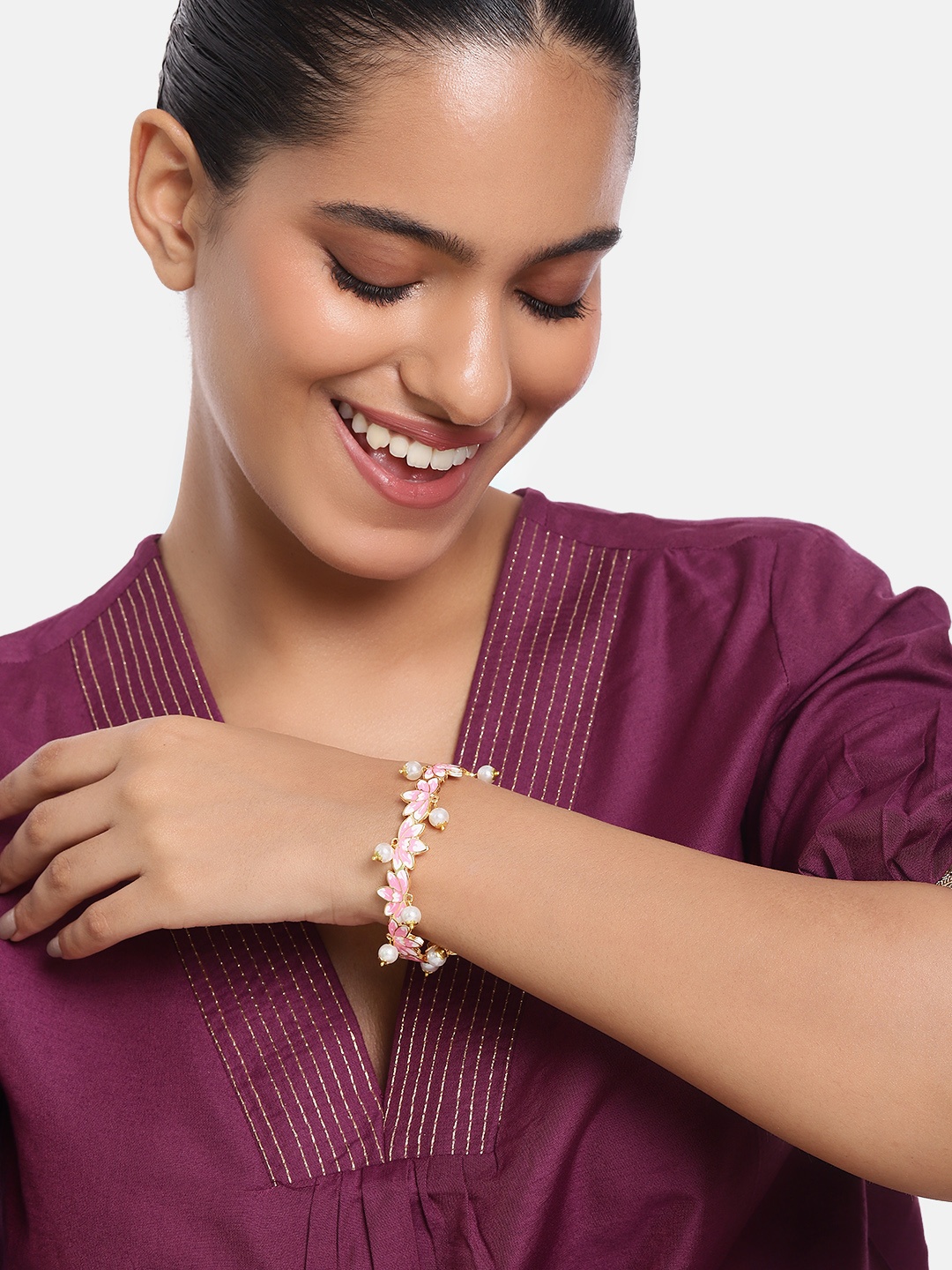 

Estele Women Brass Pearls Enamelled Gold-Plated Cuff Bracelet, Pink