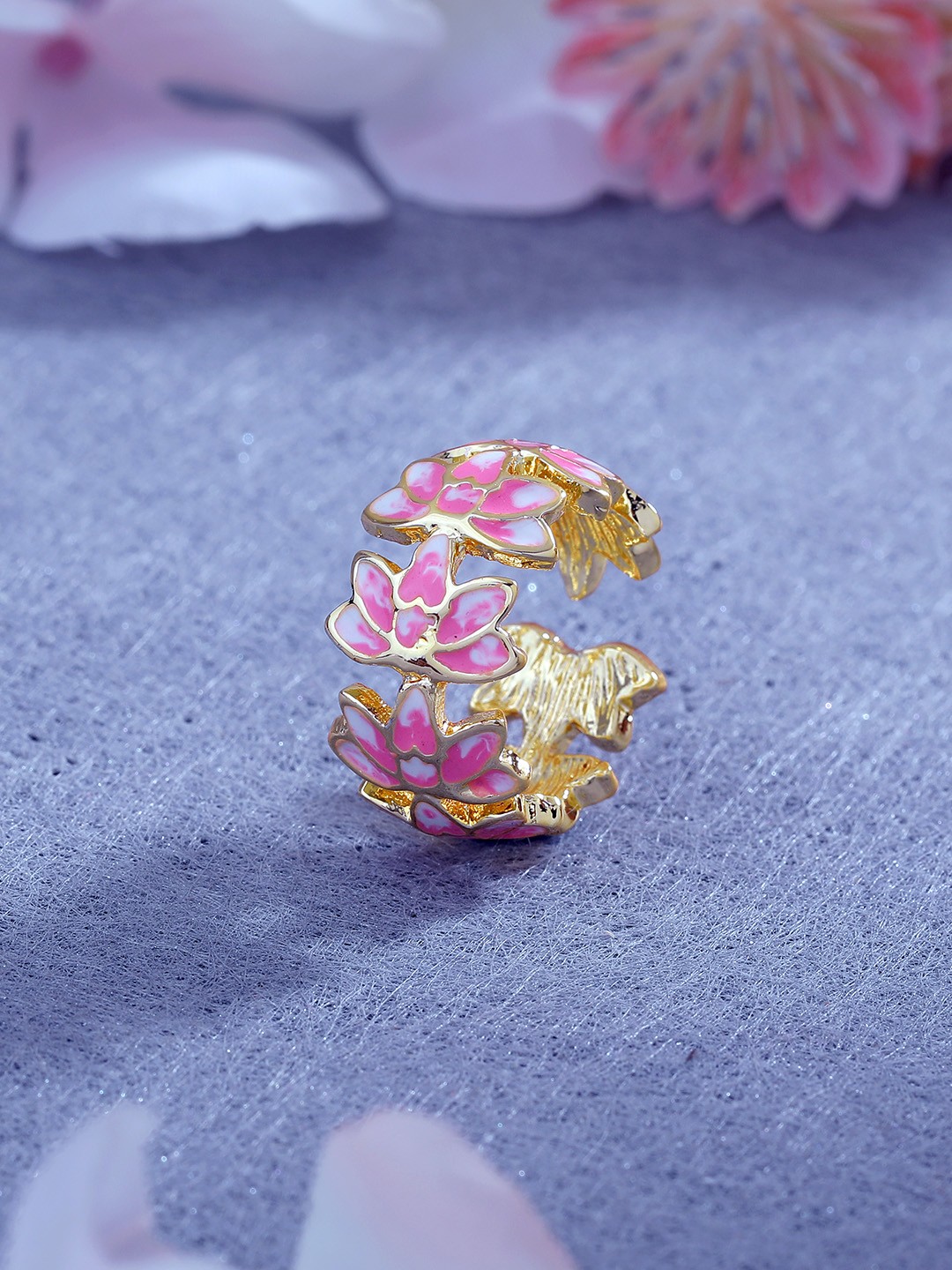 Estele Women Gold-Plated Enamelled Floral Design Adjustable Finger Ring, Pink