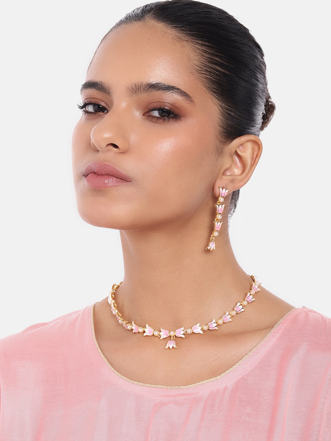 

Estele Women Gold-Plated Pearl Studded Floral Necklace with Earrings, Pink