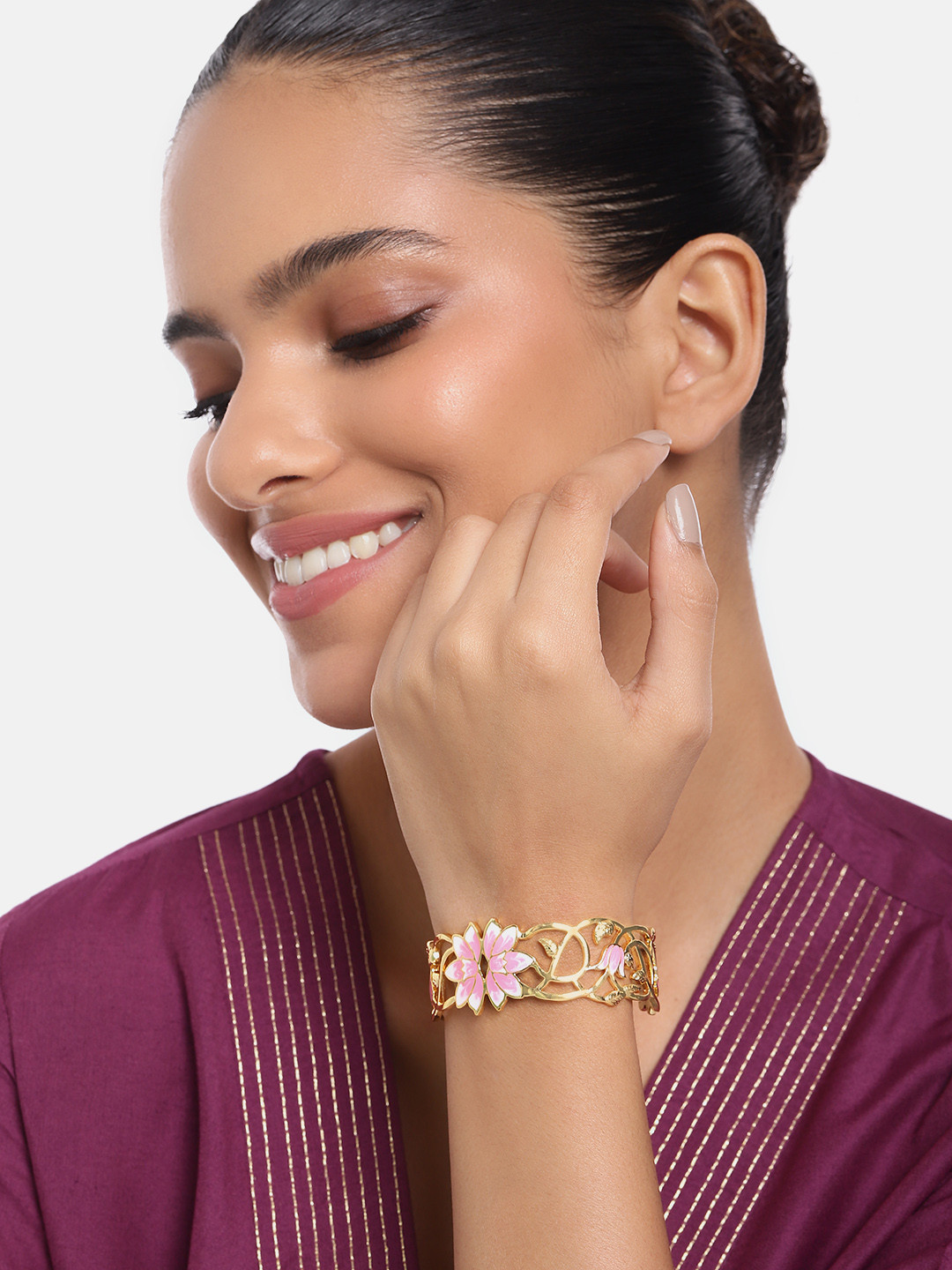 

Estele Women Brass Enamelled Gold-Plated Cuff Bracelet, Pink
