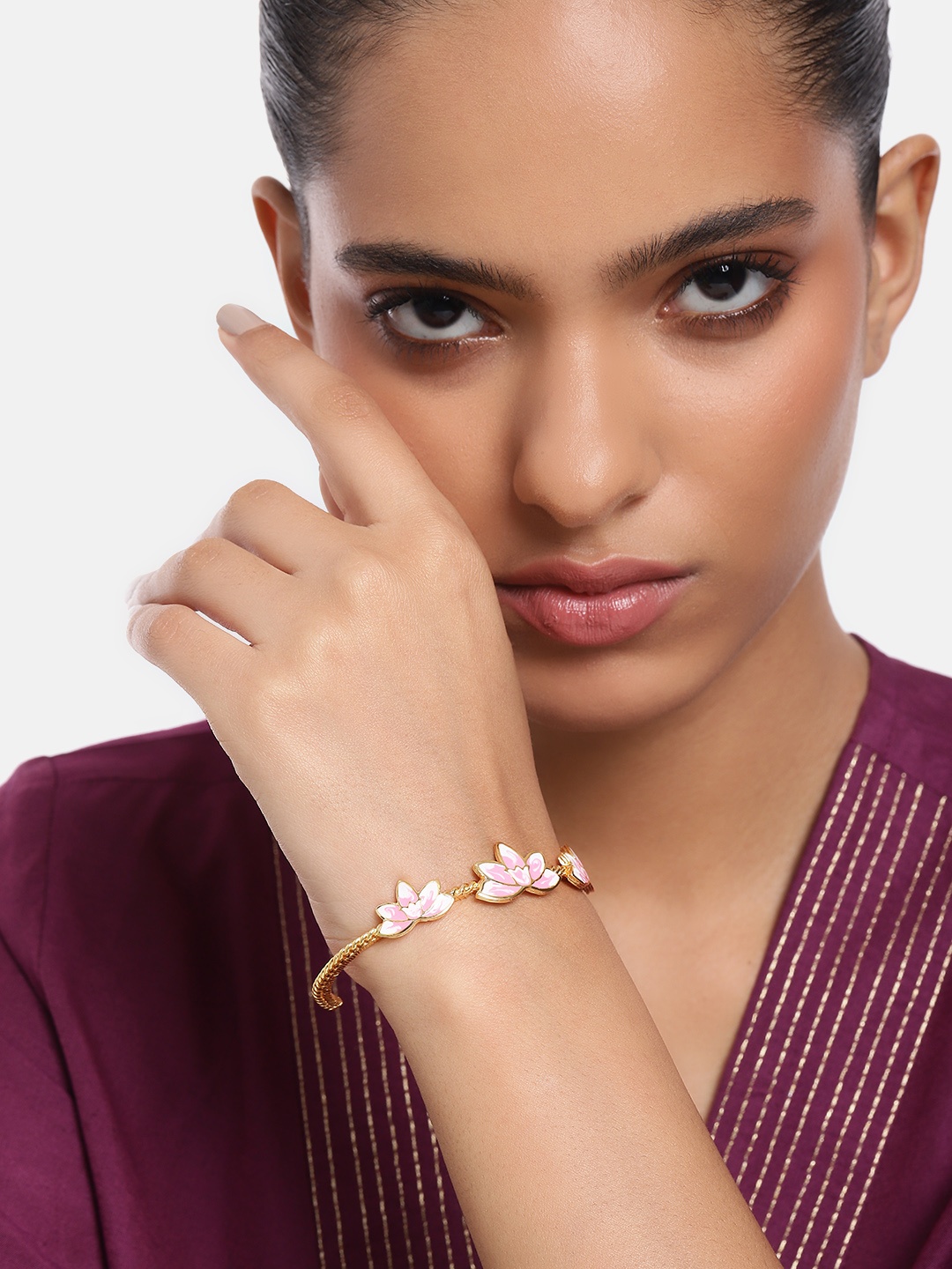 

Estele Women Brass Enamelled Gold-Plated Cuff Bracelet, Pink