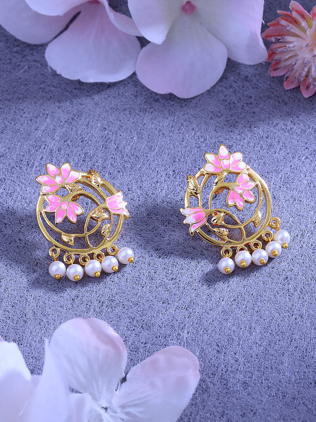 

Estele Women Gold-Plated Pearl Studded Floral Drop Earrings, Pink