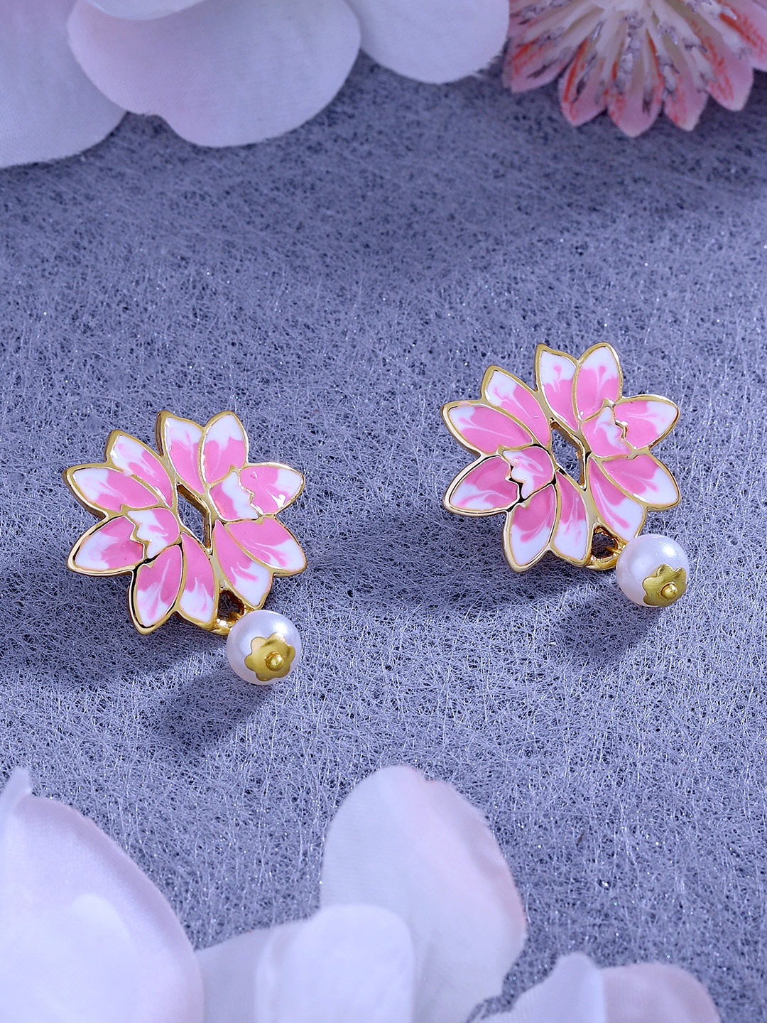 Estele Women Gold-Plated Pearl Studded Floral Drop Earrings, Pink