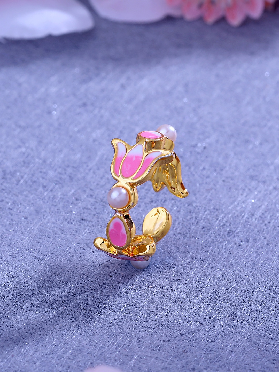 

Estele Women Gold-Plated Enamelled Floral Design Adjustable Finger Ring, Pink