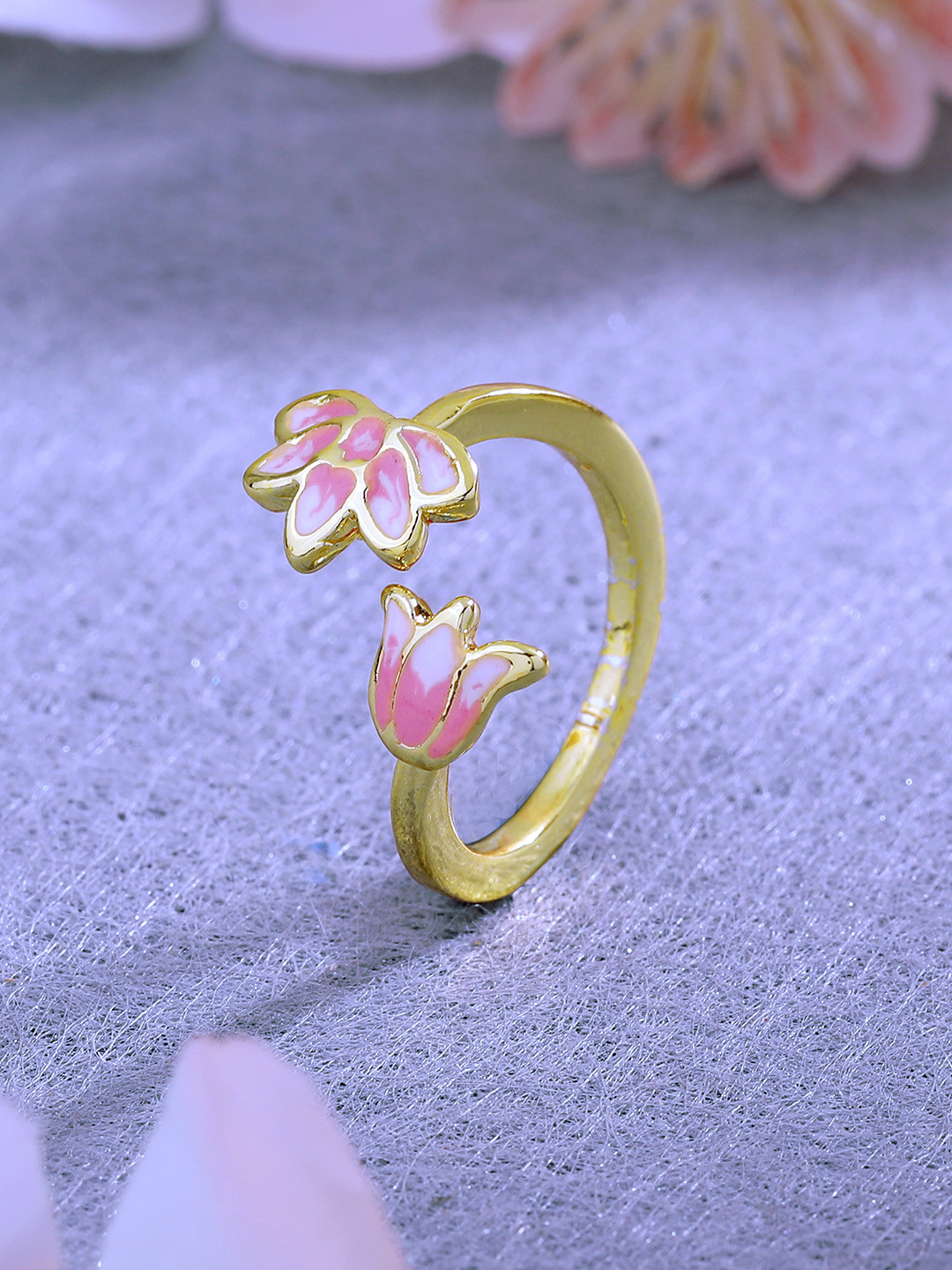 

Estele Women Gold-Plated Enamelled Floral Design Adjustable Finger Ring, Pink