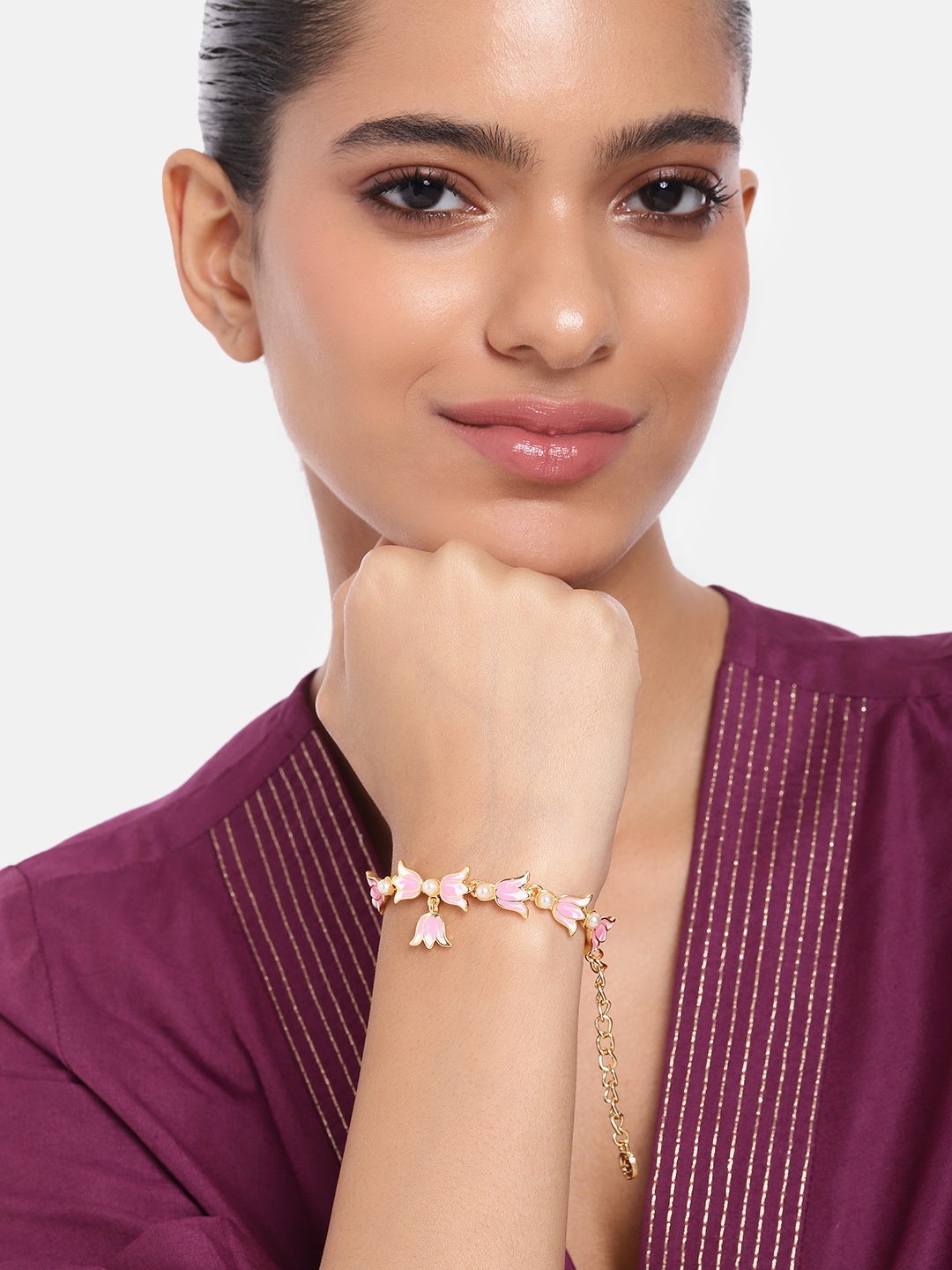 

Estele Women Pearls Enamelled Gold-Plated Link Bracelet, Pink