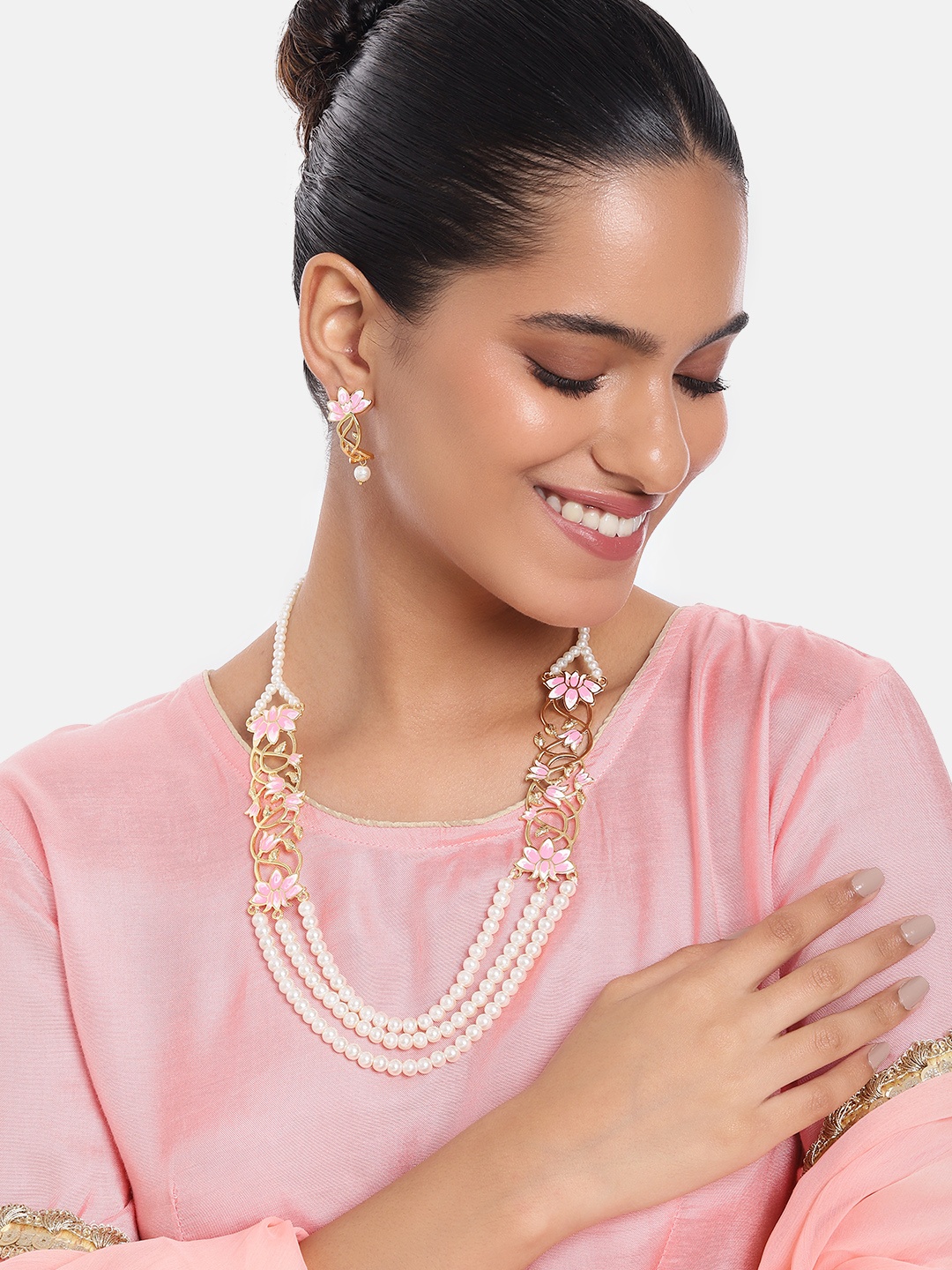

Estele Women Gold-Plated Pearl Studded Layered Floral Necklace with Earrings, Pink