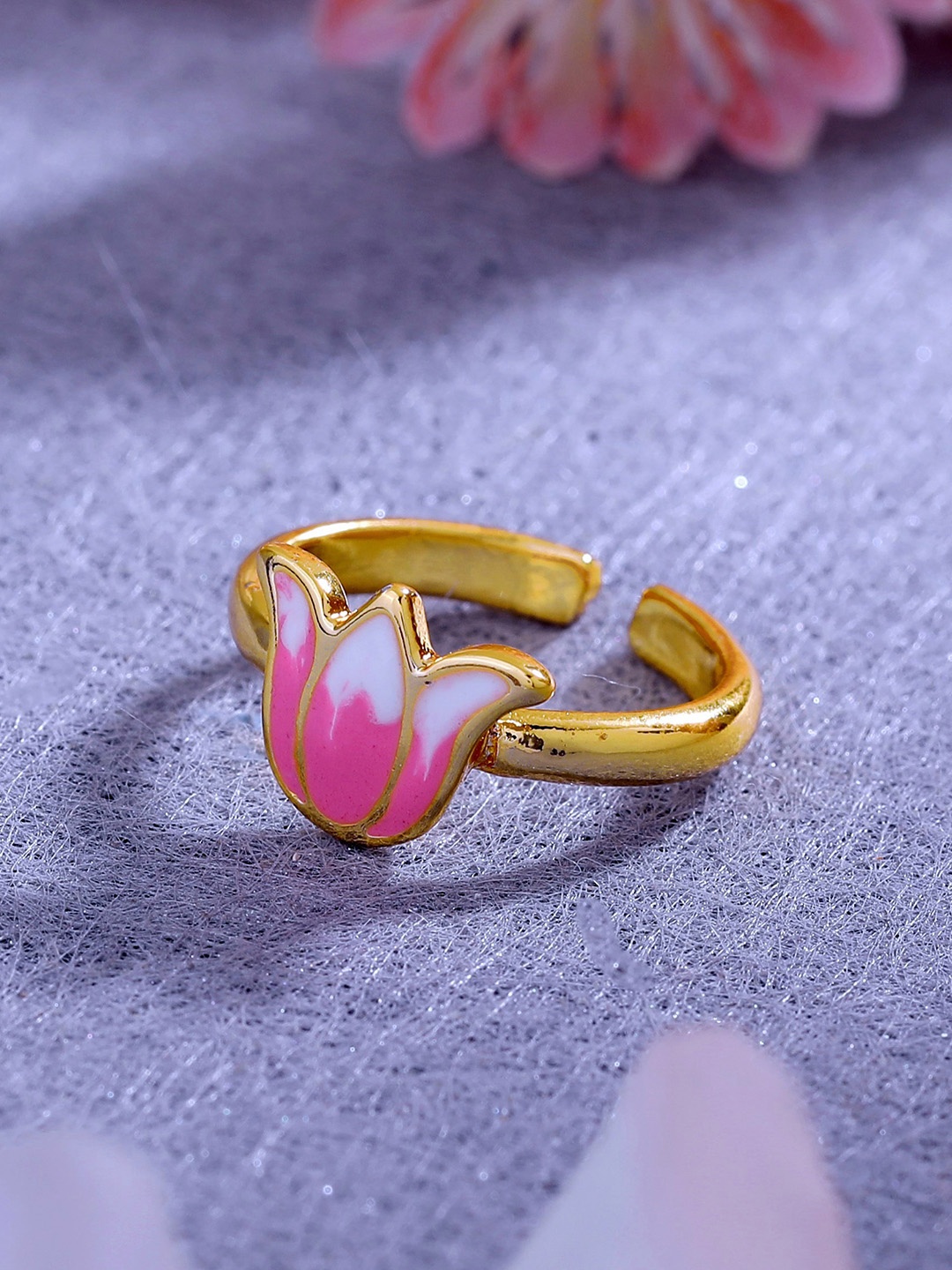 

Estele Women Gold-Plated Enamelled Floral Design Adjustable Finger Ring, Pink