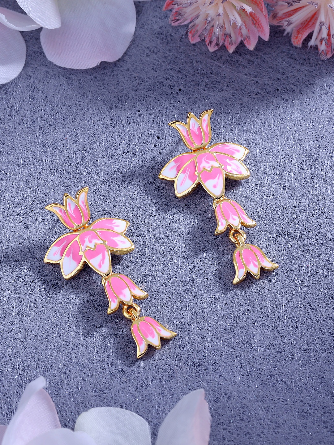 Estele Women Gold-Plated Floral Drop Earrings, Pink