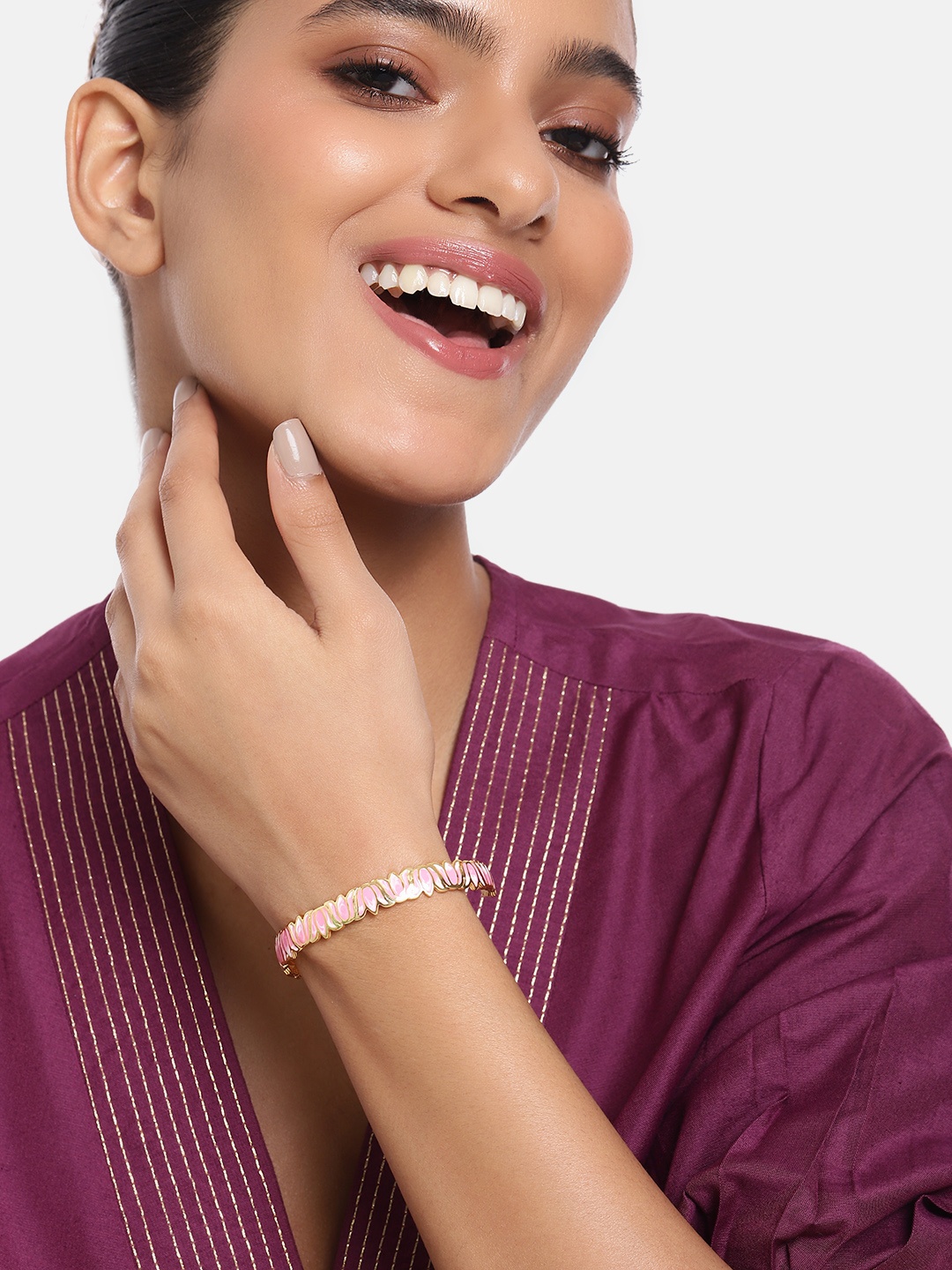 

Estele Women Brass Enamelled Gold-Plated Cuff Bracelet, Pink