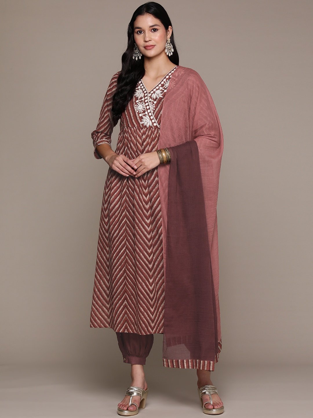 

aarke Ritu Kumar Women Embroidered Angrakha Kurta with Palazzos & With Dupatta, Brown