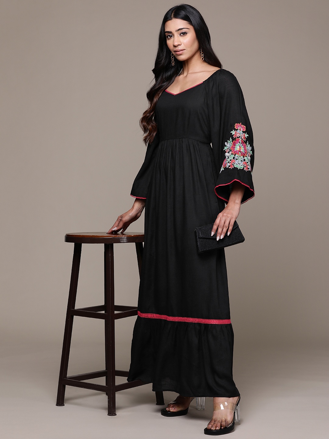 

aarke Ritu Kumar Floral Embroidered Sweetheart Neck Flared Sleeves Maxi Dress, Black