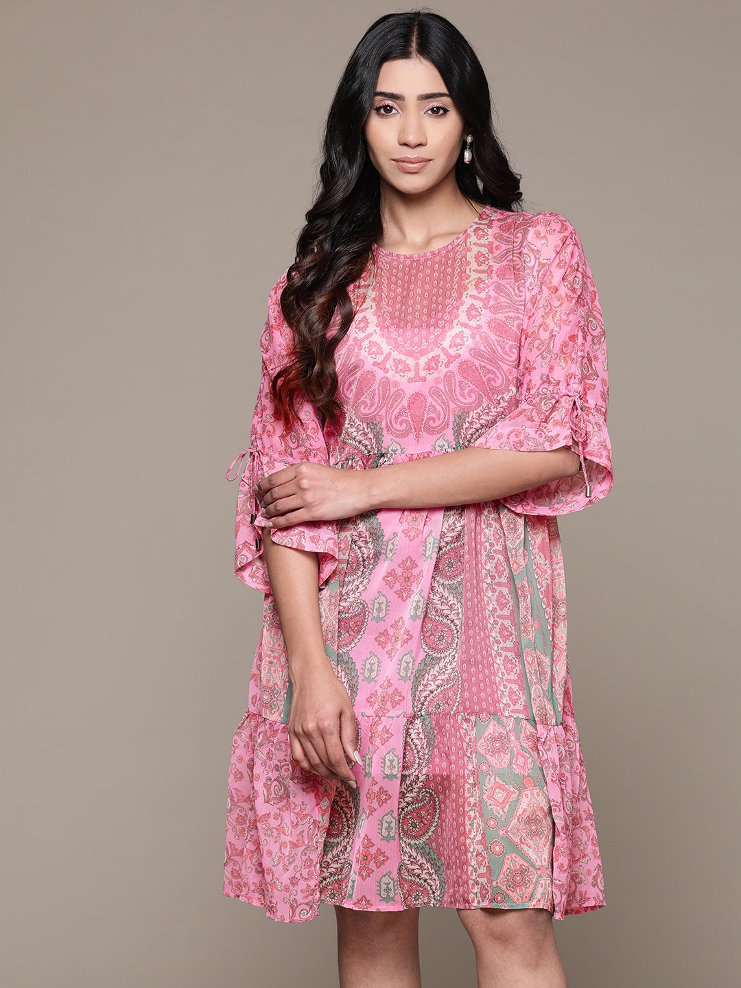 

aarke Ritu Kumar Ethnic Motifs Print Flared Sleeves Chiffon A-Line Dress, Pink