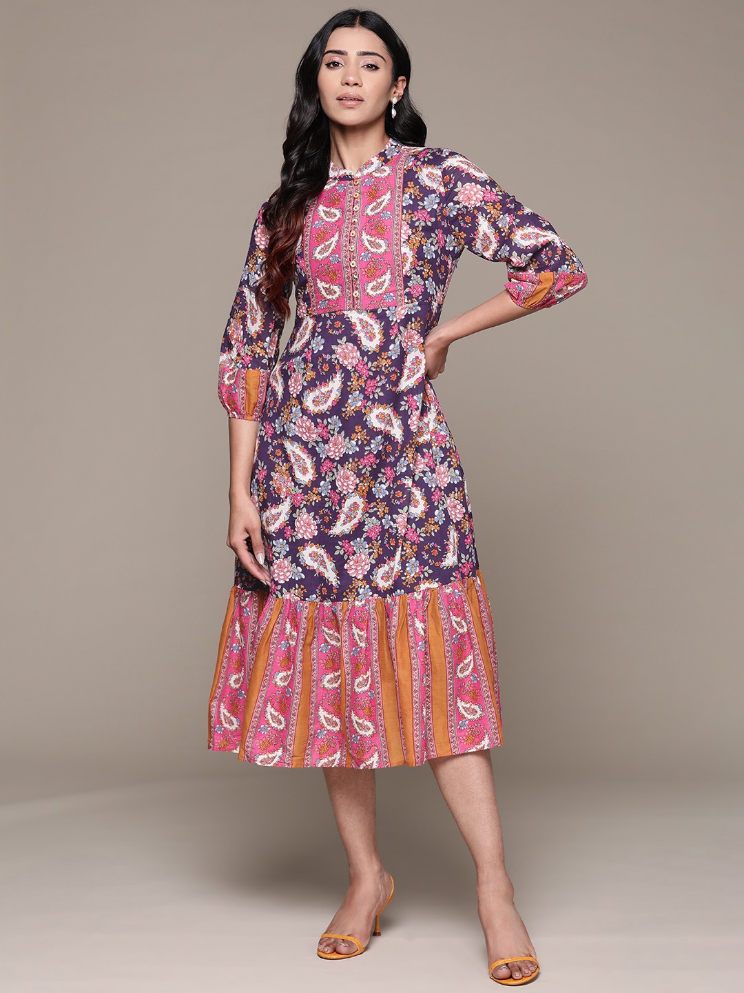 aarke Ritu Kumar Floral Print Puff Sleeves A-Line Midi Dress, Purple