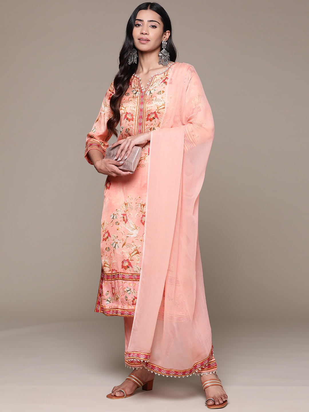 

aarke Ritu Kumar Women Floral Printed Regular Kurta with Trousers & With Dupatta, Peach