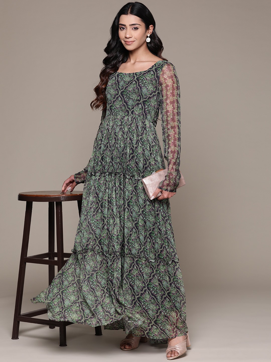 

aarke Ritu Kumar Floral Print Chiffon Maxi Dress, Black
