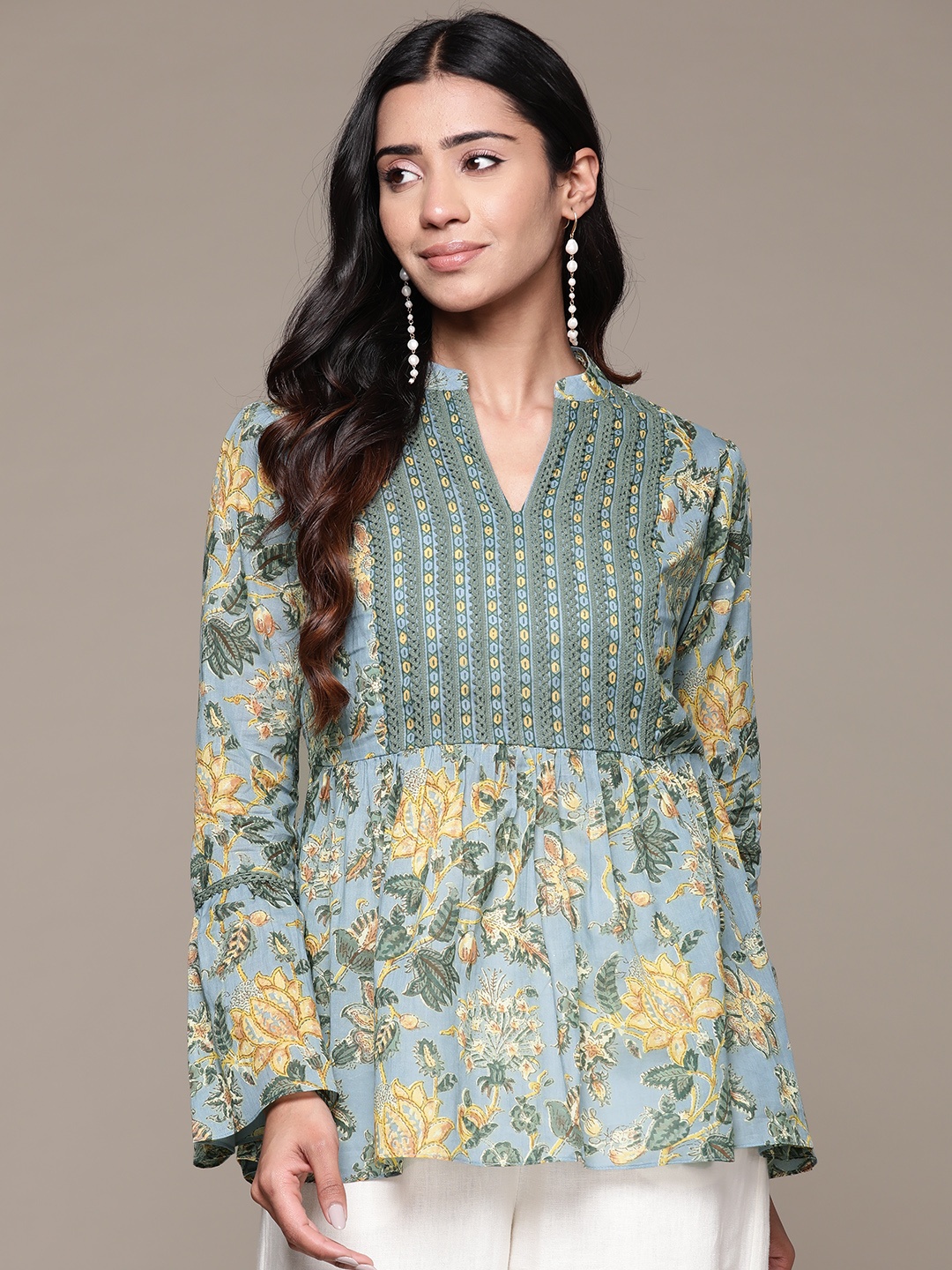 

aarke Ritu Kumar Floral Printed Pure Cotton Pleated Kurti, Blue