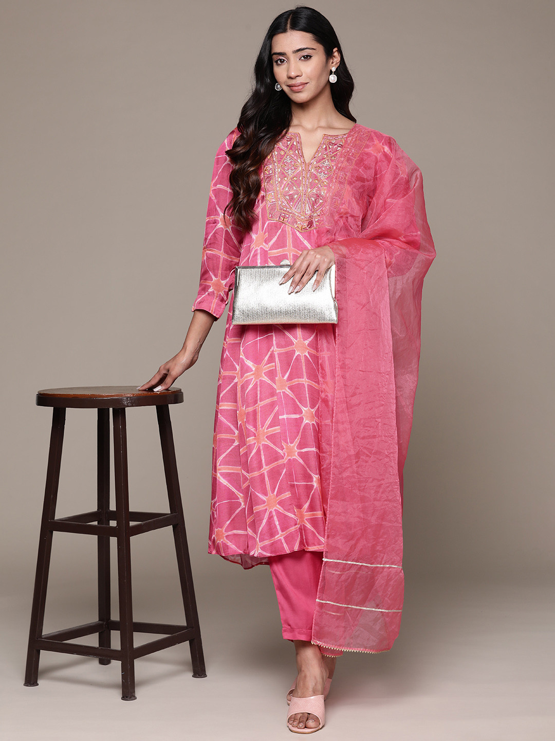 

aarke Ritu Kumar Printed Pleated Thread Work Kurta with Trousers & Dupatta, Pink