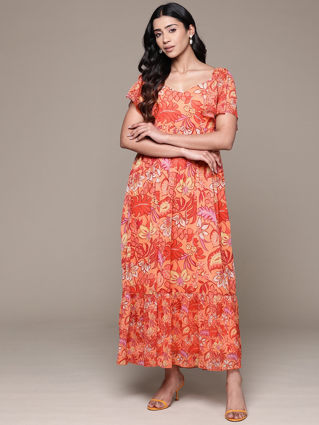 

aarke Ritu Kumar Floral Print Flared Sleeves Sweetheart Neck Chiffon A-Line Maxi Dress, Orange