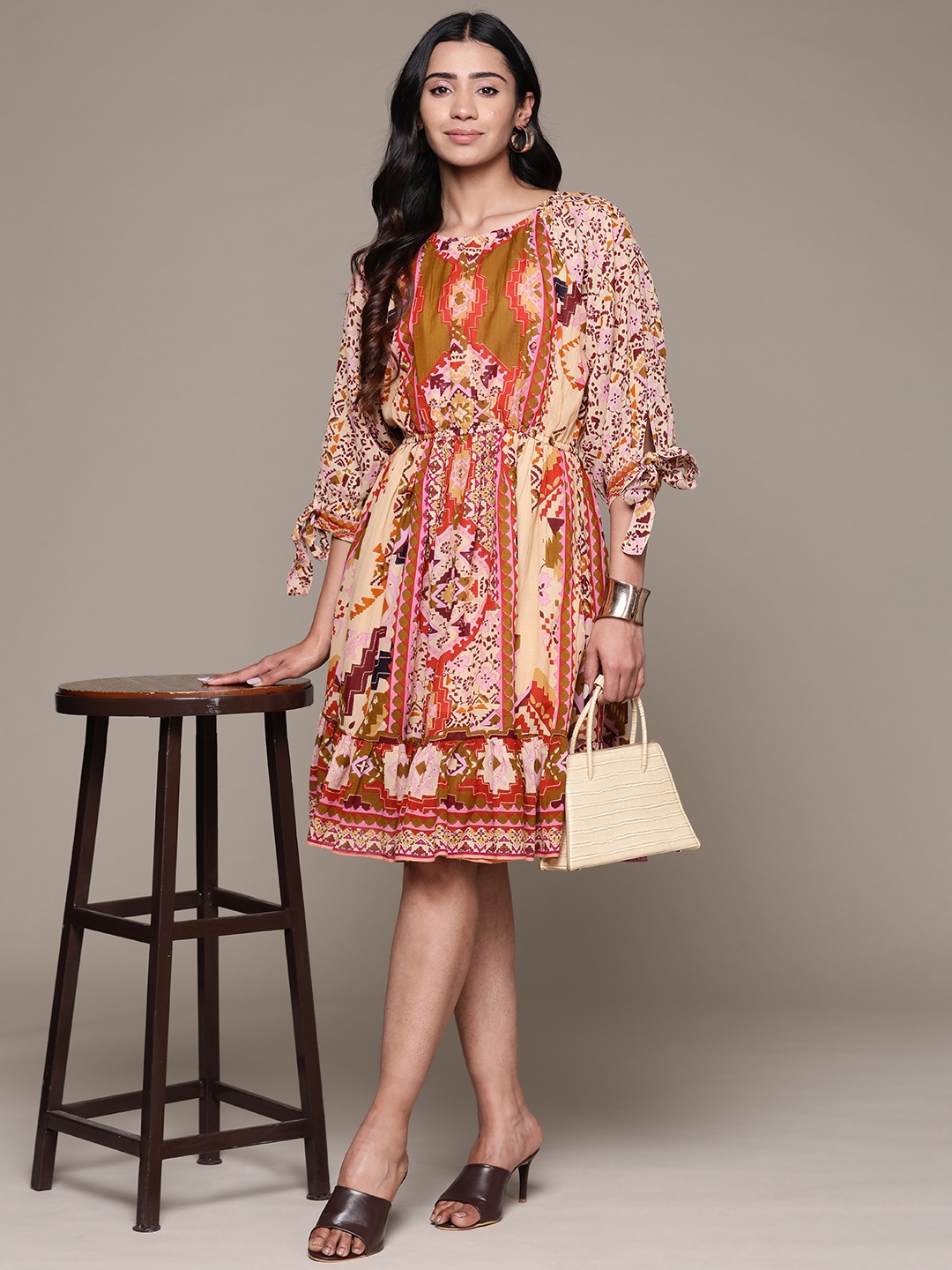 

aarke Ritu Kumar Print Puff Sleeves A-Line Dress, Off white