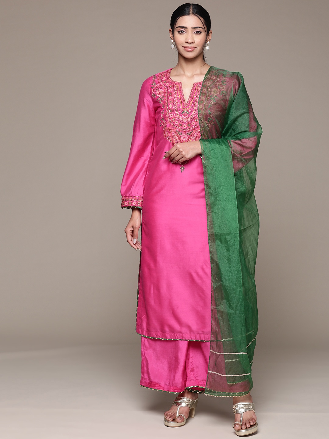 

aarke Ritu Kumar Floral Embroidered Zari Kurta with Palazzos & Dupatta, Pink