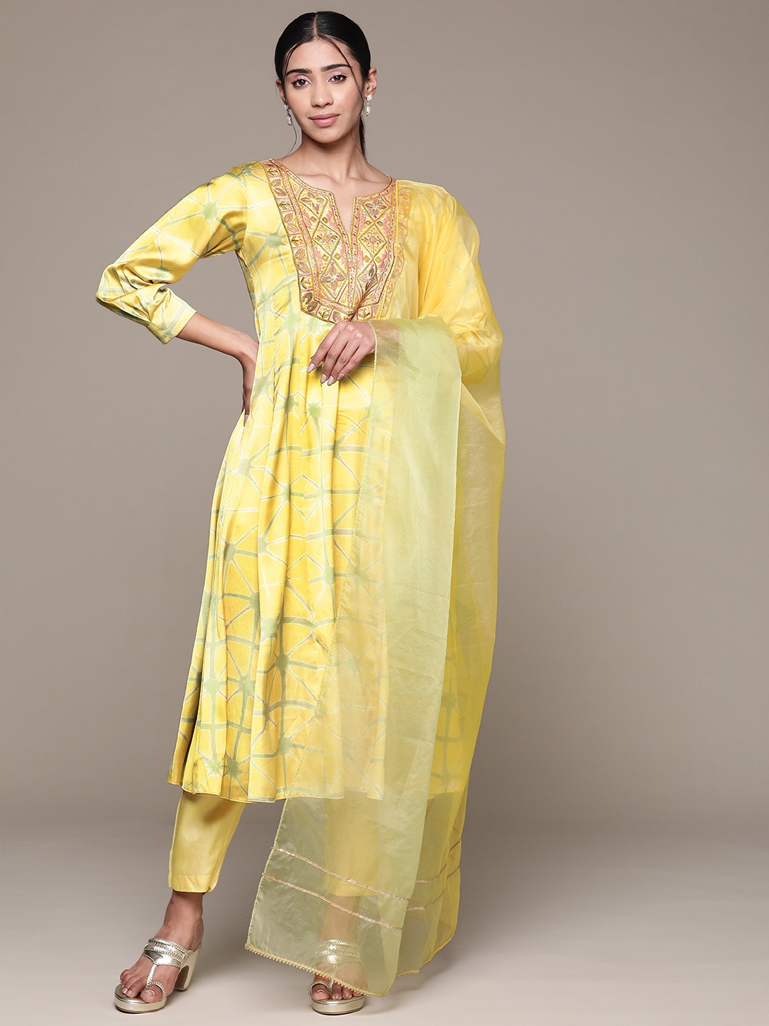 

aarke Ritu Kumar Printed Pleated Thread Work Kurta with Trousers & Dupatta, Yellow