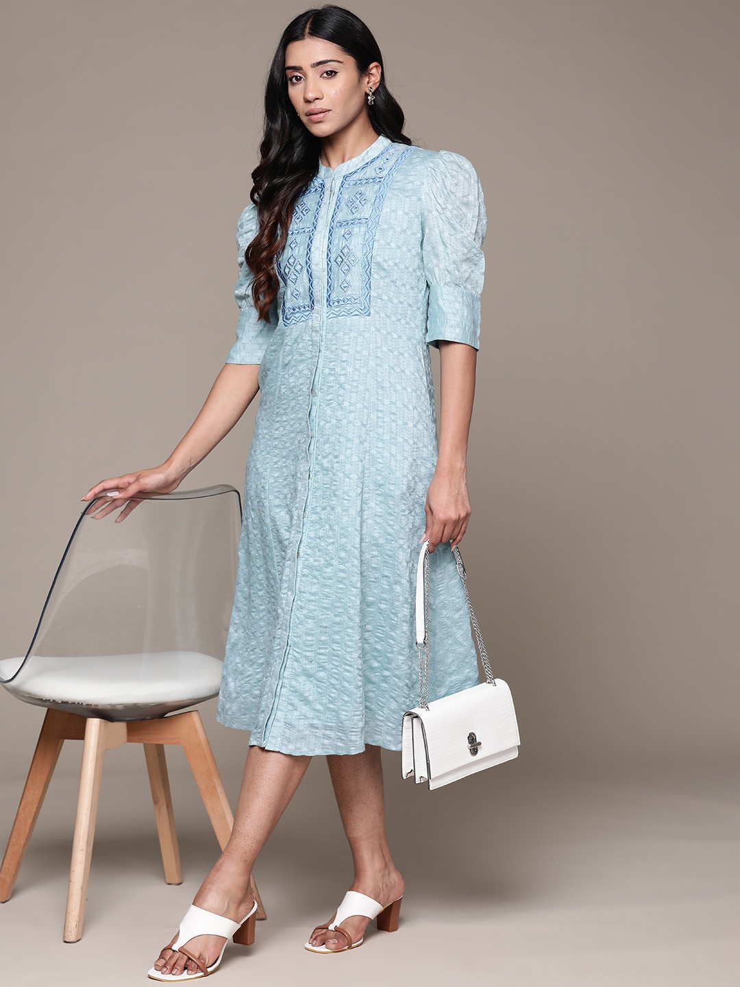 

aarke Ritu Kumar Embroidered Puff Sleeve A-Line Dress, Blue