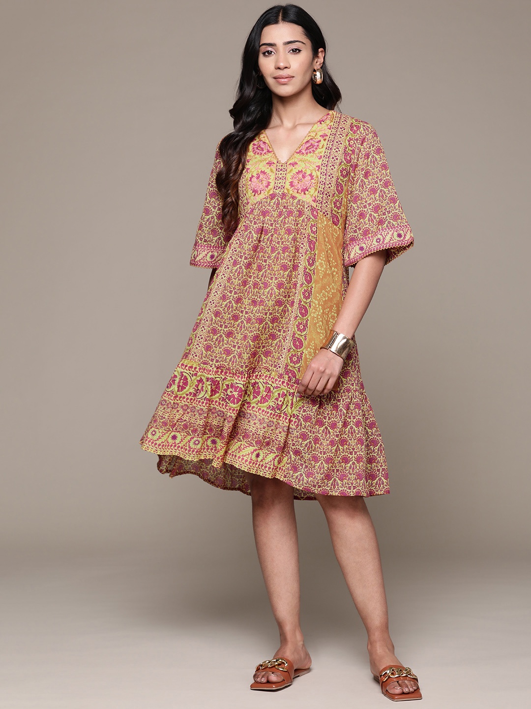 

aarke Ritu Kumar Floral Print Flared Sleeve A-Line Dress, Yellow